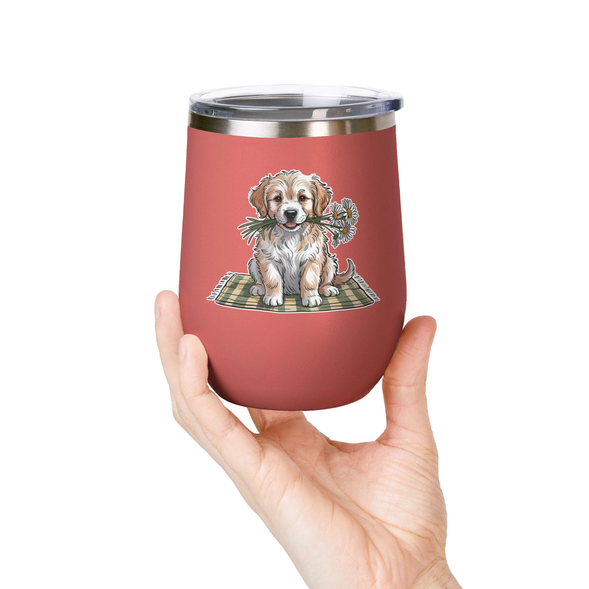 Golden Puppy Wine Tumbler, Cute Dog and Flower Cup, Gift for Dog Moms, Puppy Lovers, Pet Parents and Animal Lovers