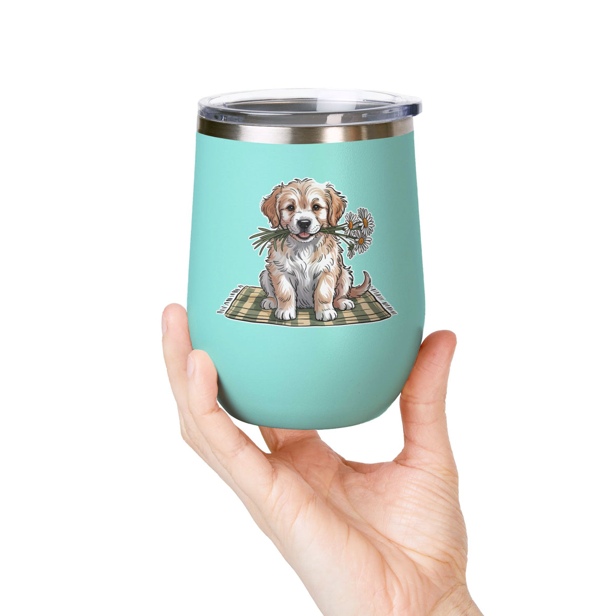 Golden Puppy Wine Tumbler, Cute Dog and Flower Cup, Gift for Dog Moms, Puppy Lovers, Pet Parents and Animal Lovers