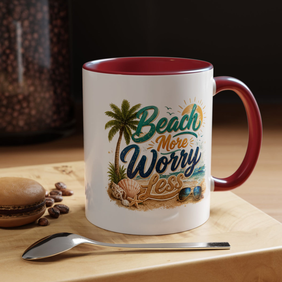 Beach More Worry Less Coffee Mug, Summer Vacation Gift for Ocean Lovers, Cute Tropical Palm Tree Ceramic Tea Cup with Dark Blue Handle