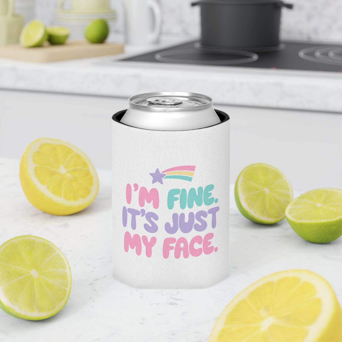 Funny Sarcastic Can Cooler, I'm Fine It's Just My Face Pastel Quote, Sassy Drink Holder, Birthday Gift for a Best Friend or Office Coworker