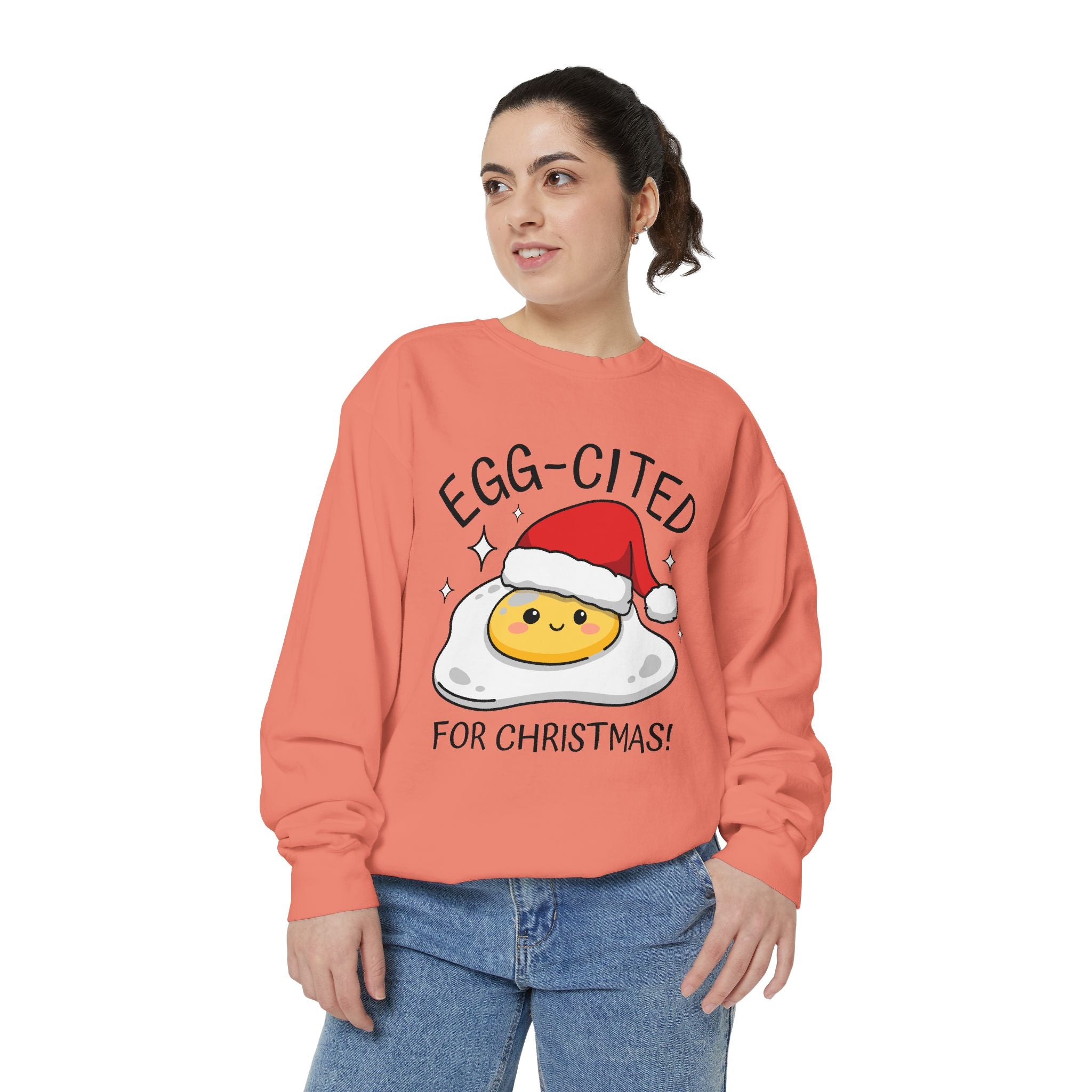 Egg-Cited for Christmas Sweatshirt, Funny Fried Egg Crewneck, Cute Food Pun Holiday Pullover, Christmas Breakfast Gift for Brunch Lover