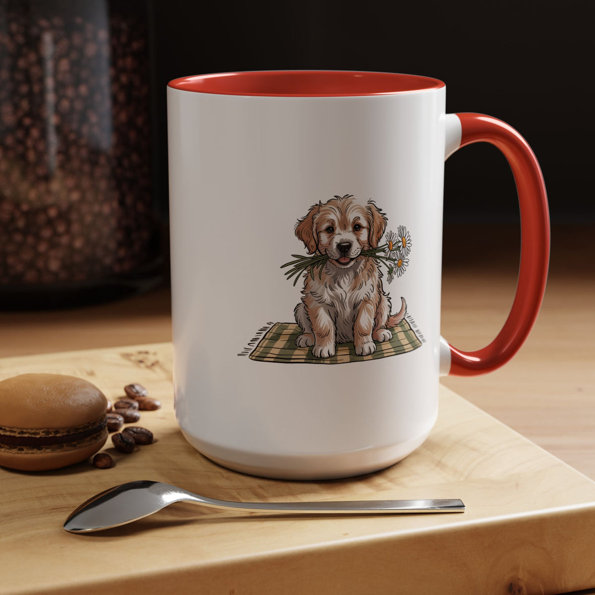 Cute Puppy Coffee Mug, Fluffy Dog Holding Daisies on a Gingham Blanket, Birthday Gift for a Dog Mom or Animal Lover Who Enjoys Cottage Style