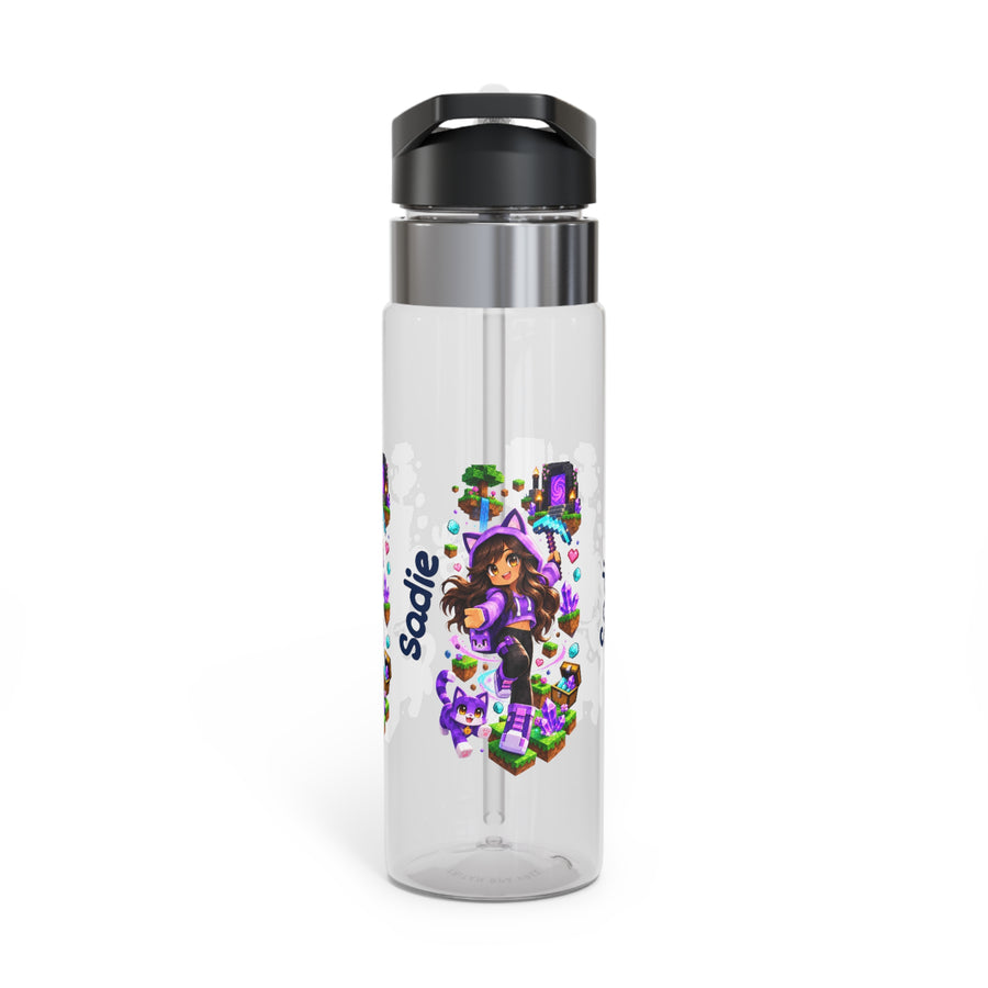Clear plastic water bottle with a black flip lid and a straw, printed with a girl in a purple cat-ear hoodie standing in a blocky game world with a purple pet, the name Sadie beside her.
