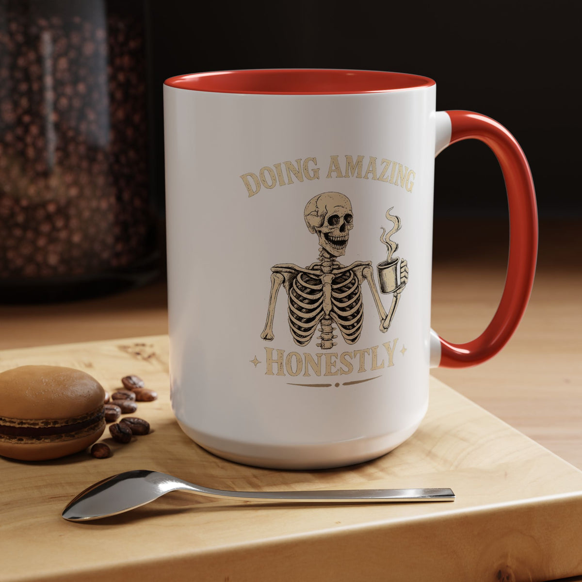 Doing Amazing Honestly Skeleton Coffee Mug, Funny Burnout Gift for Coworker, Sarcastic Office Coffee Cup, Tired but Thriving Mug