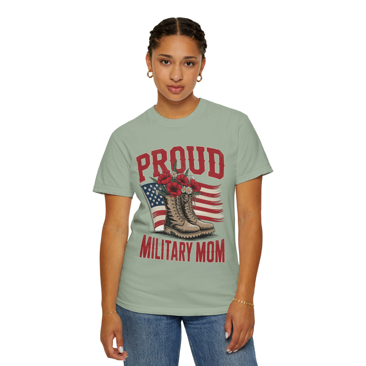 Proud Military Mom Shirt, Patriotic Army Mom T Shirt, Boots and Flowers Graphic Tee, American Flag Family Support Gift