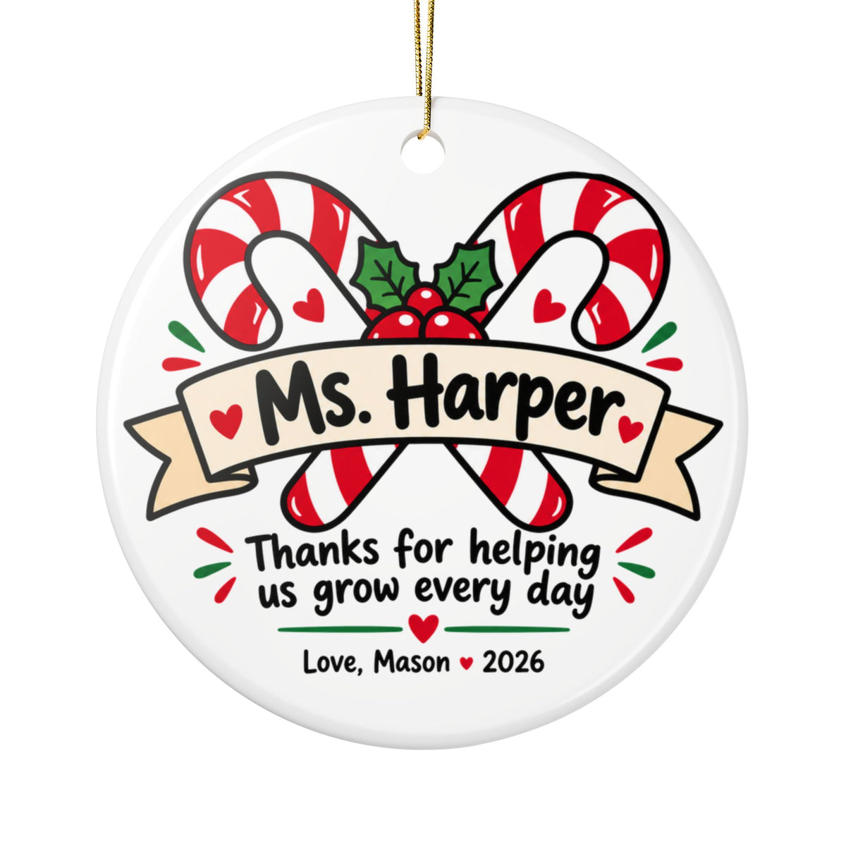 Personalized Teacher Candy Cane Christmas Ornament, Thank You for Helping Us Grow, Holiday Gift from Student, Name and Year Tree Keepsake