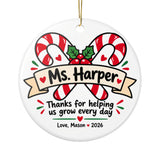 Personalized Teacher Candy Cane Christmas Ornament, Thank You for Helping Us Grow, Holiday Gift from Student, Name and Year Tree Keepsake