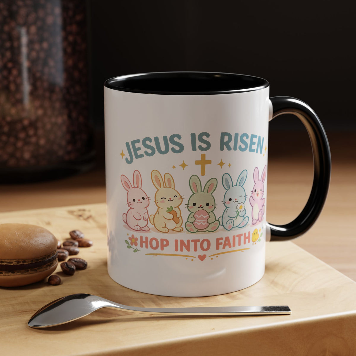 Christian Easter Bunny Mug, Jesus Is Risen Hop Into Faith Coffee Mug, Faith Based Easter Gift, Religious Spring Mug for Women Kids