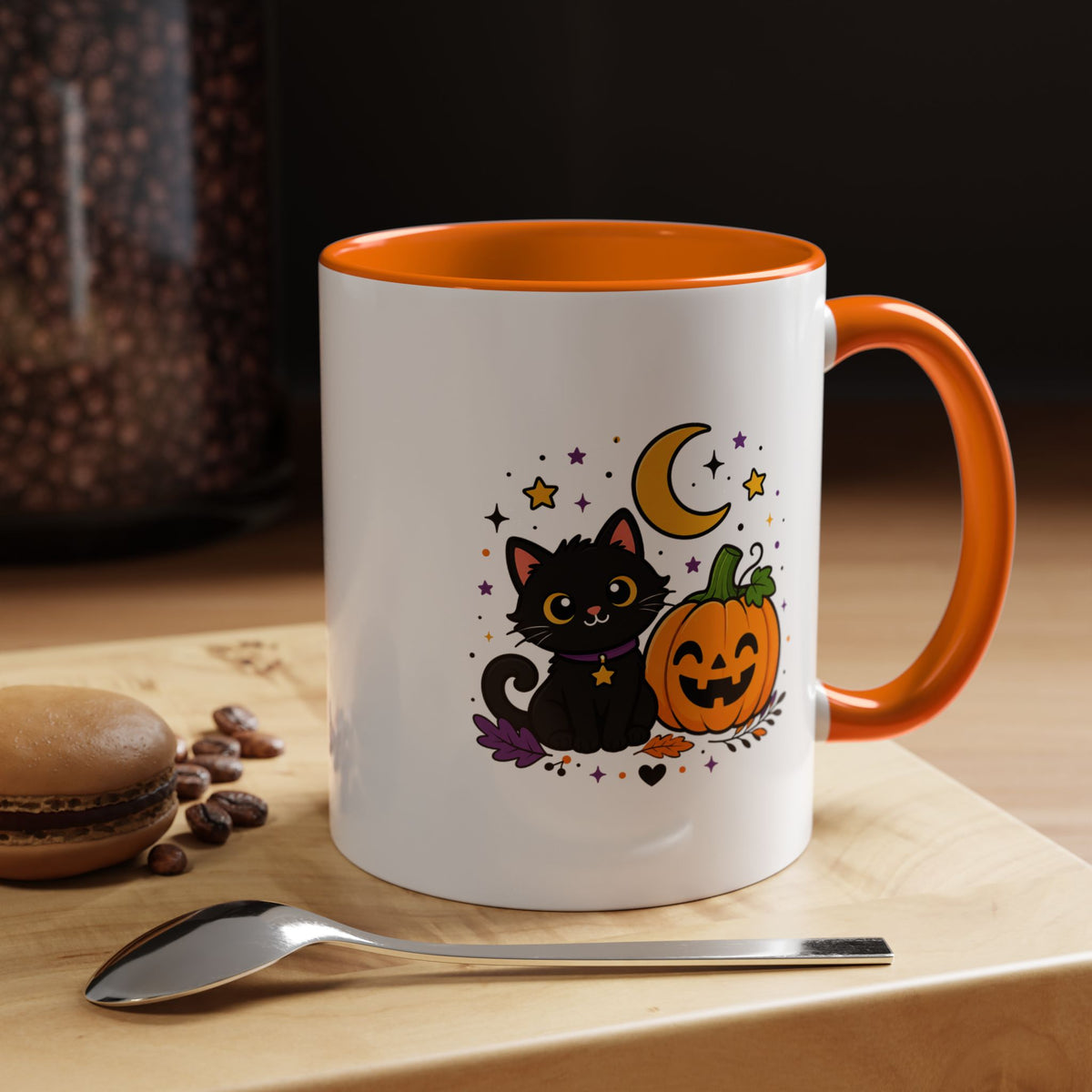 Cute Black Cat Halloween Mug, Pumpkin and Moon Coffee Cup, Spooky Season Gift for Cat Lover, Fall Birthday Present, Witchy Fall Decor