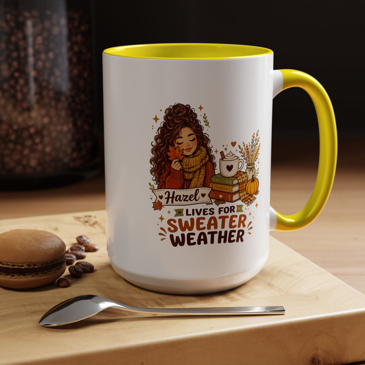 Personalized Sweater Weather Mug, Custom Name Fall Coffee Cup, Cozy Book Lover Gift for Her, Autumn Pumpkin and Reading Design