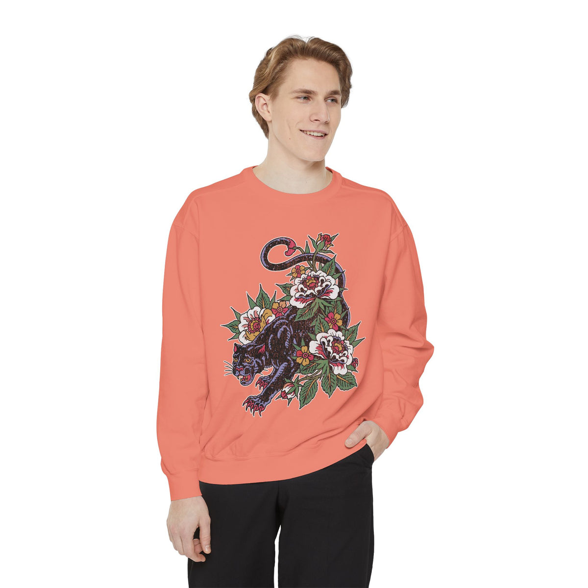 Traditional Panther Graphic Sweatshirt, Floral Tattoo Pullover for Men and Women, Old School Big Cat Top
