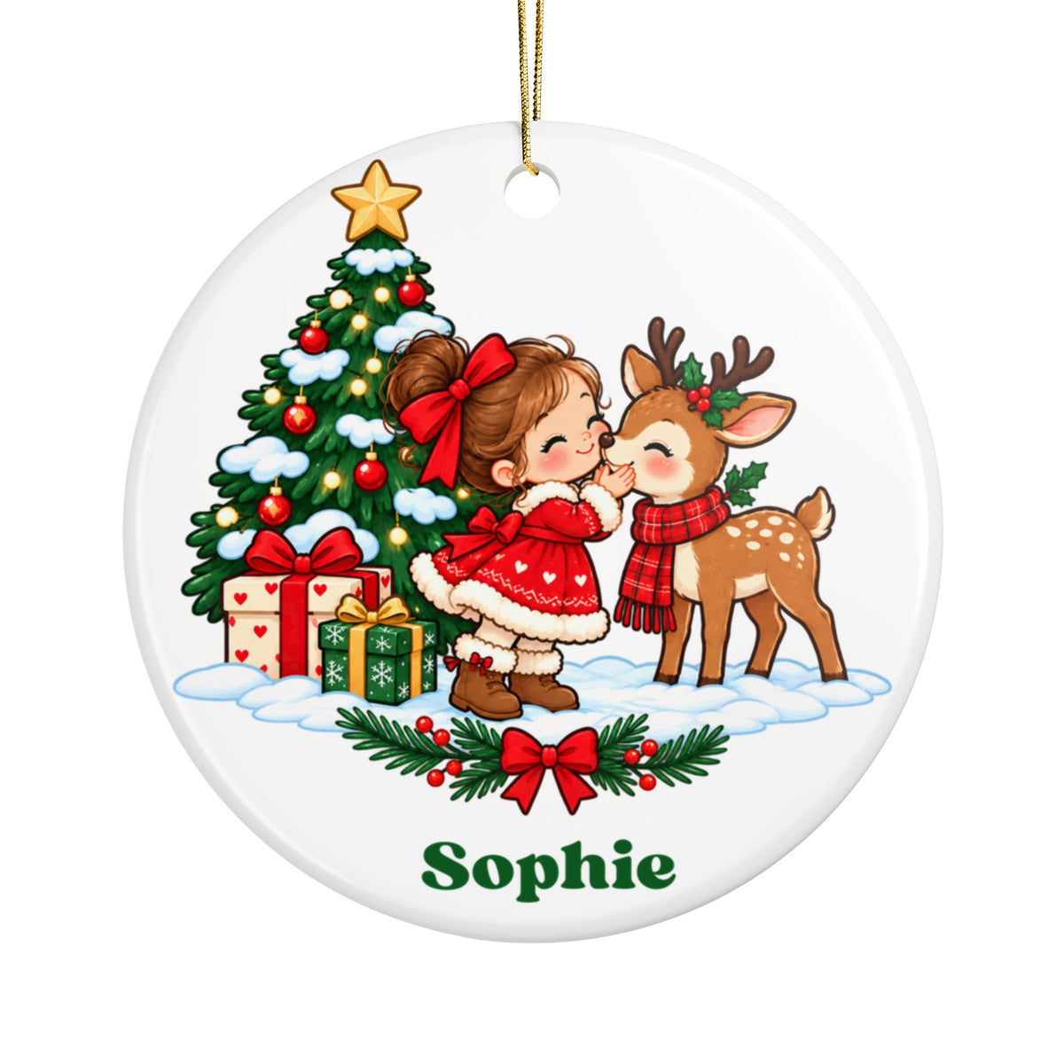 Personalized Girl Christmas Ornament, Custom Name Keepsake with Little Girl and Woodland Deer, Holiday Gift for Daughter or Granddaughter