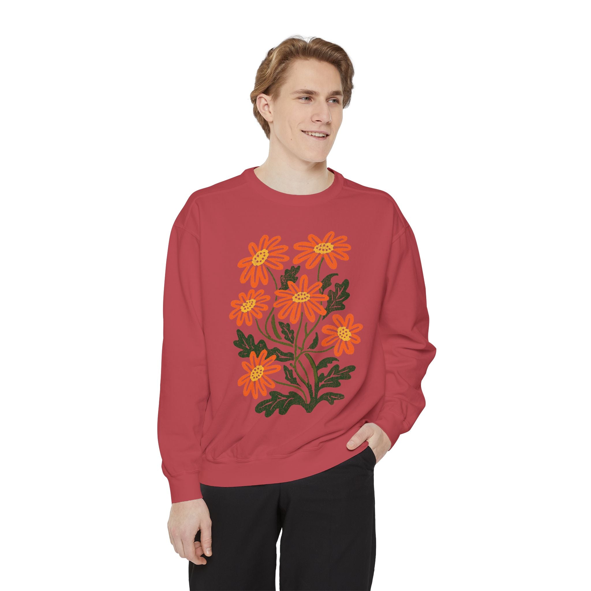 Orange Daisy Graphic Sweatshirt, Retro Floral Pullover for Flower Lovers, Groovy Botanical Top, Cheerful Garden Gift for Women