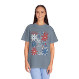 Patriotic Fireworks Shirt, Red White Blue Flower Graphic Tee, Americana T Shirt, Fourth of July Outfit, Vintage USA Gift for Women
