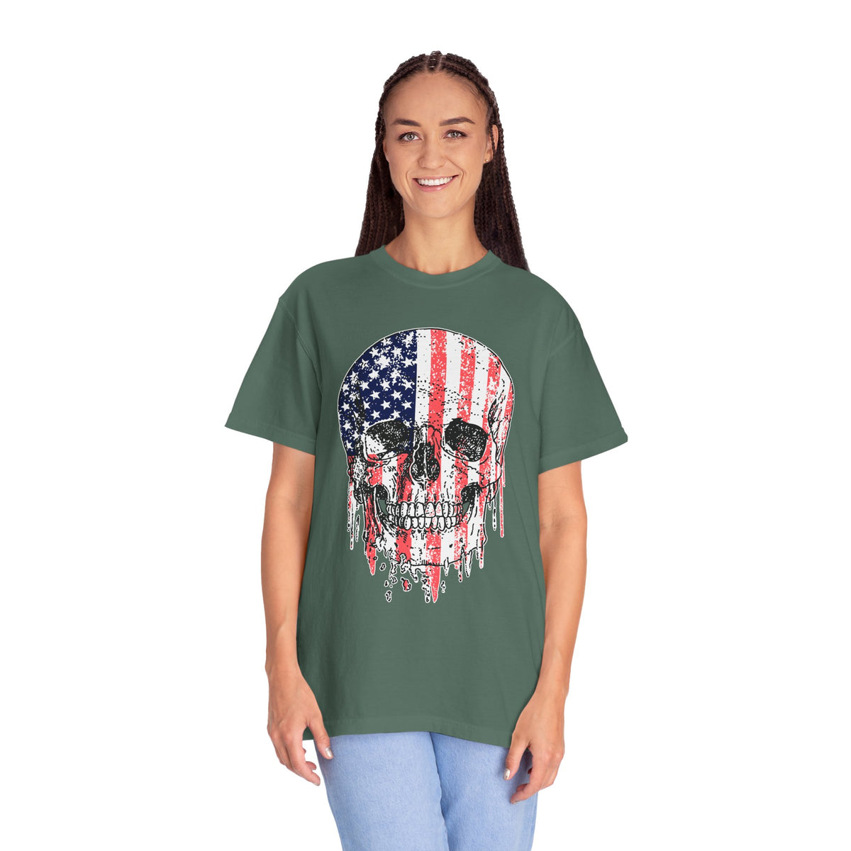 American Flag Skull Shirt, Distressed Patriotic Graphic for Biker Outfits, Fourth of July Style, Birthday Gift for Skull Art Lovers