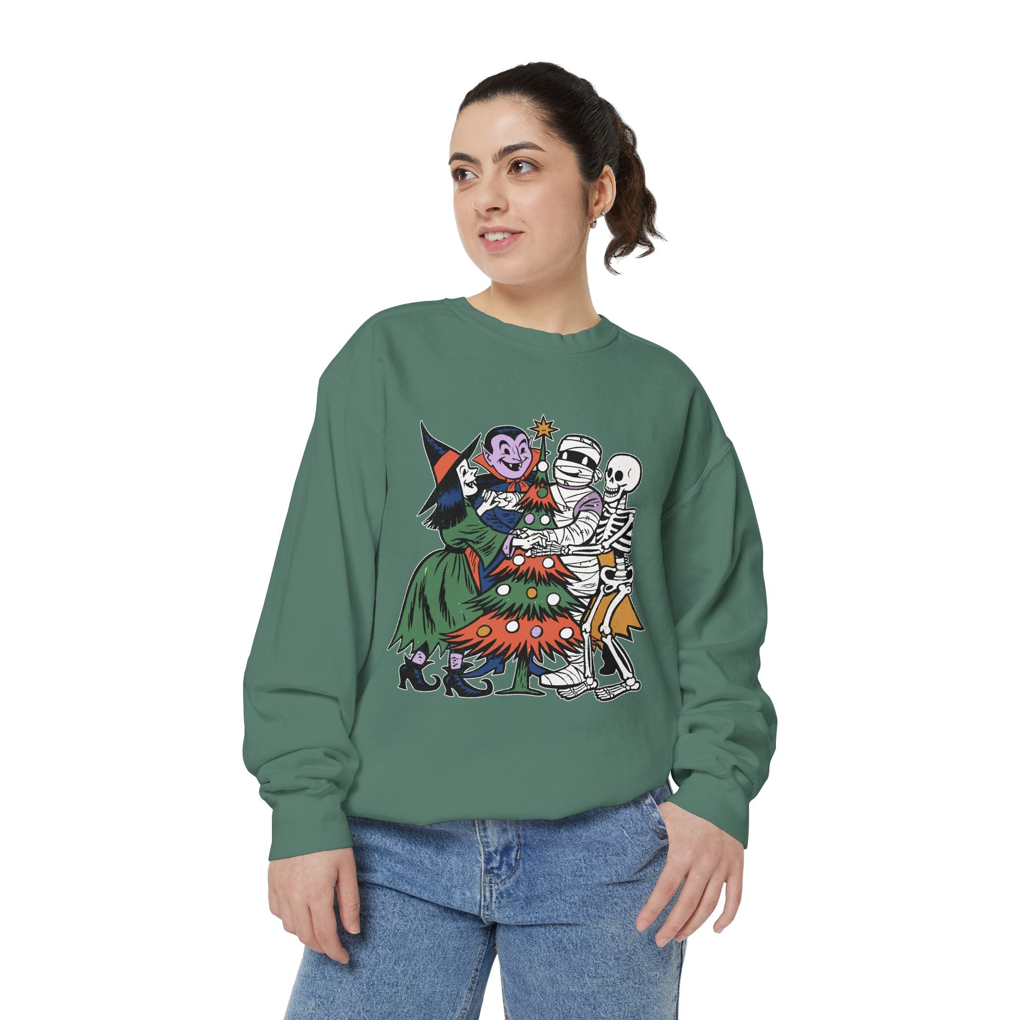 Spooky Christmas Sweatshirt, Halloween Holiday Mashup Crewneck, Witch Vampire Mummy Skeleton Pullover, Gothic Xmas Gift for Horror Fan