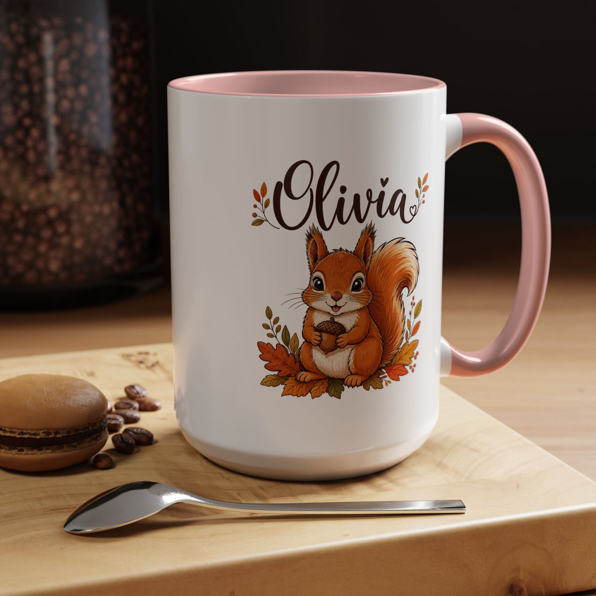 Personalized Squirrel Mug with Name, Autumn Woodland Coffee Cup, Cute Fall Animal Gift for Daughter, Nature Lover Birthday Keepsake