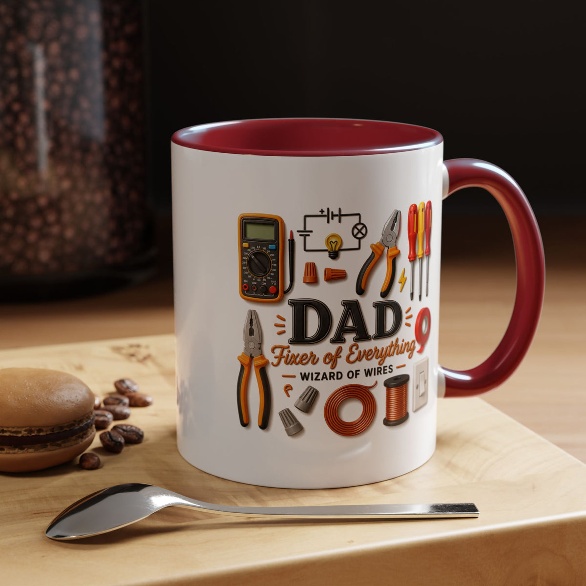 Electrician Dad Fixer of Everything Coffee Mug, Father's Day Gift for Electricians, Lineman Papa Handyman Ceramic Tea Cup with Black Handle