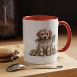 Cute Puppy Coffee Mug, Fluffy Dog Holding Daisies on a Gingham Blanket, Birthday Gift for a Dog Mom or Animal Lover Who Enjoys Cottage Style