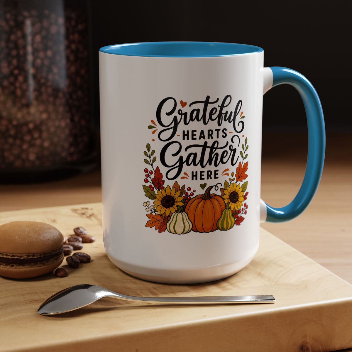 Grateful Hearts Gather Here Mug, Thanksgiving Pumpkin Coffee Cup, Rustic Fall Hostess Gift, Sunflower Harvest Kitchen Decor