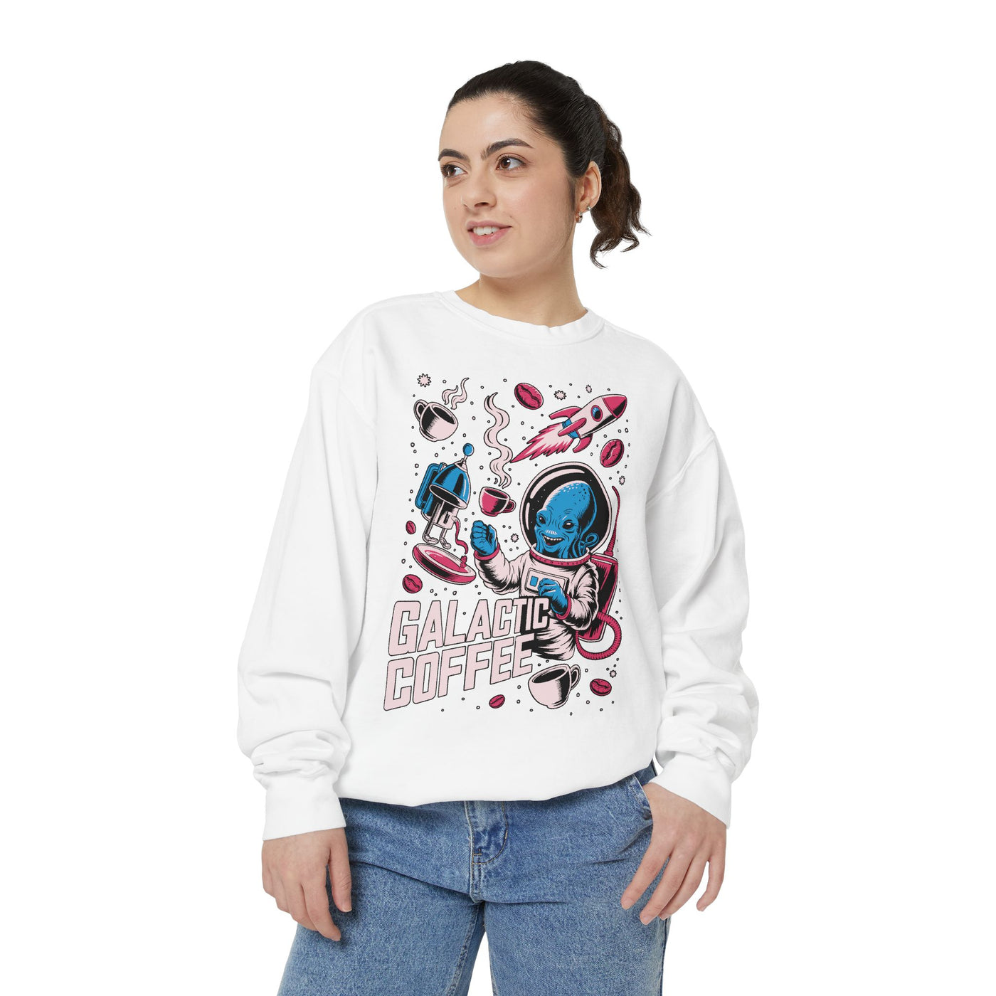 Galactic Coffee Comfort Colors Sweatshirt, Funny Alien Coffee Lover Shirt, Space Nerd Sweatshirt, Sci Fi Gift for Coffee Fans