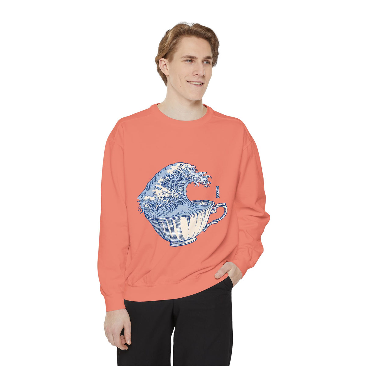 Great Wave Teacup Sweatshirt, Japanese Art Inspired Ocean Graphic, Gift for Tea Lovers and Coastal Art Fans, Casual Cafe Weekend Outfit
