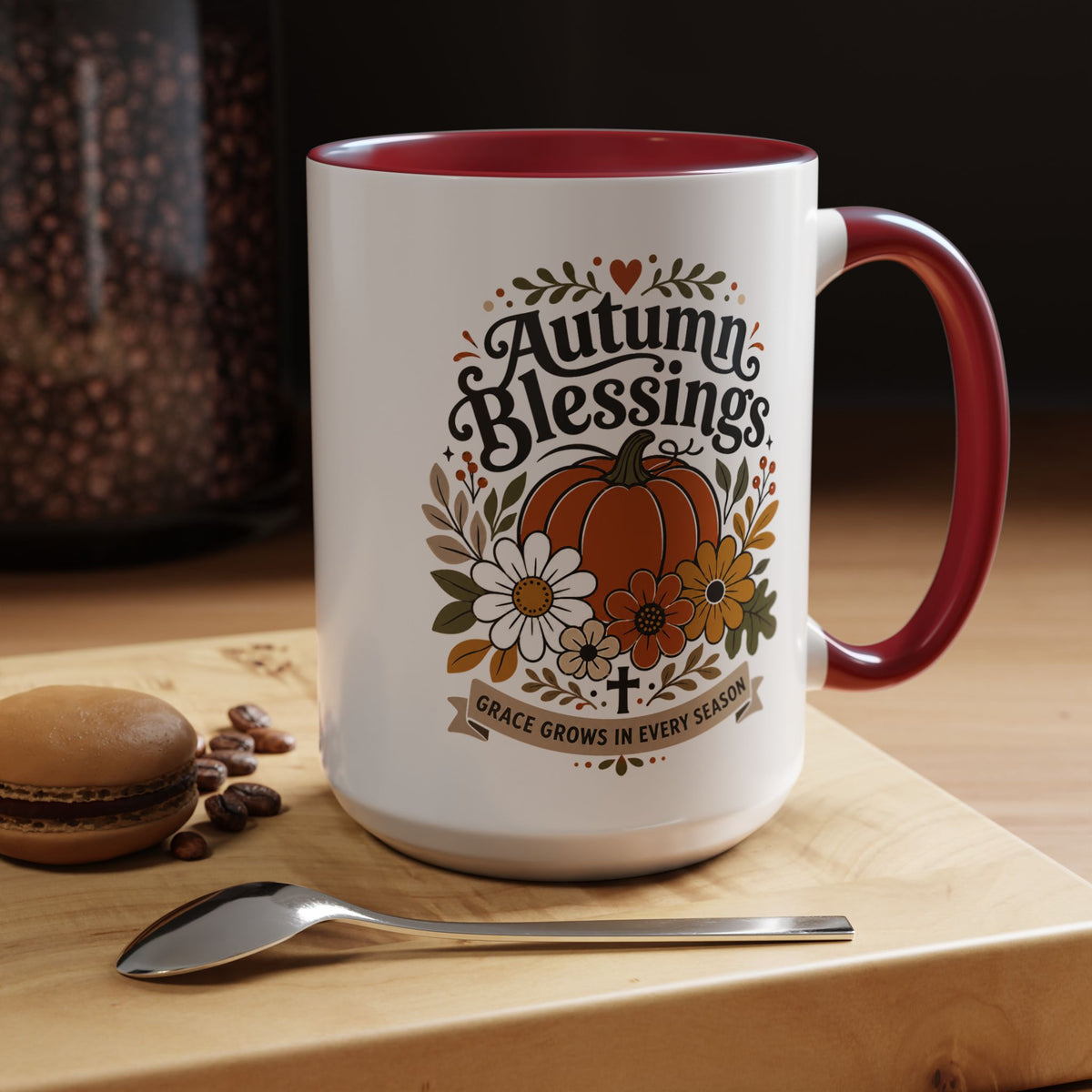 Autumn Blessings Christian Mug, Grace Grows in Every Season Coffee Cup, Faith Based Fall Gift, Floral Pumpkin Thanksgiving Decor