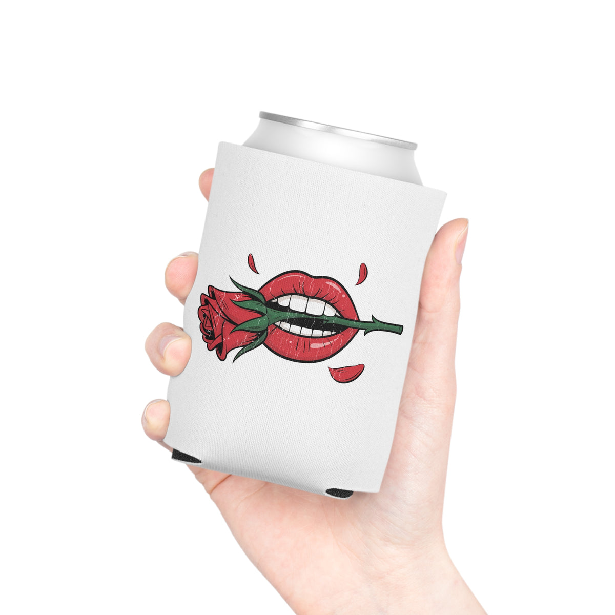 Rose and Lips Can Cooler, Romantic Drink Sleeve, Gothic Valentine Gift, Alternative Girlfriend Gift, Edgy Floral Love Accessory