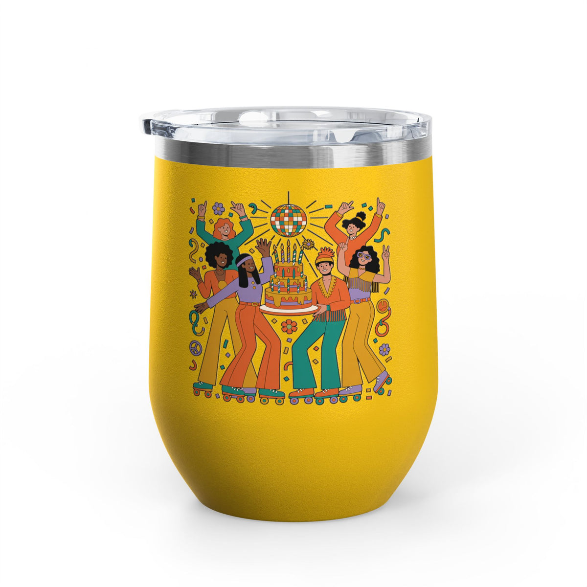 Retro Disco Birthday Wine Tumbler, 70s Roller Skating Party Design, Groovy Drinkware Gift for a Skater Friend Who Loves Vintage Aesthetics