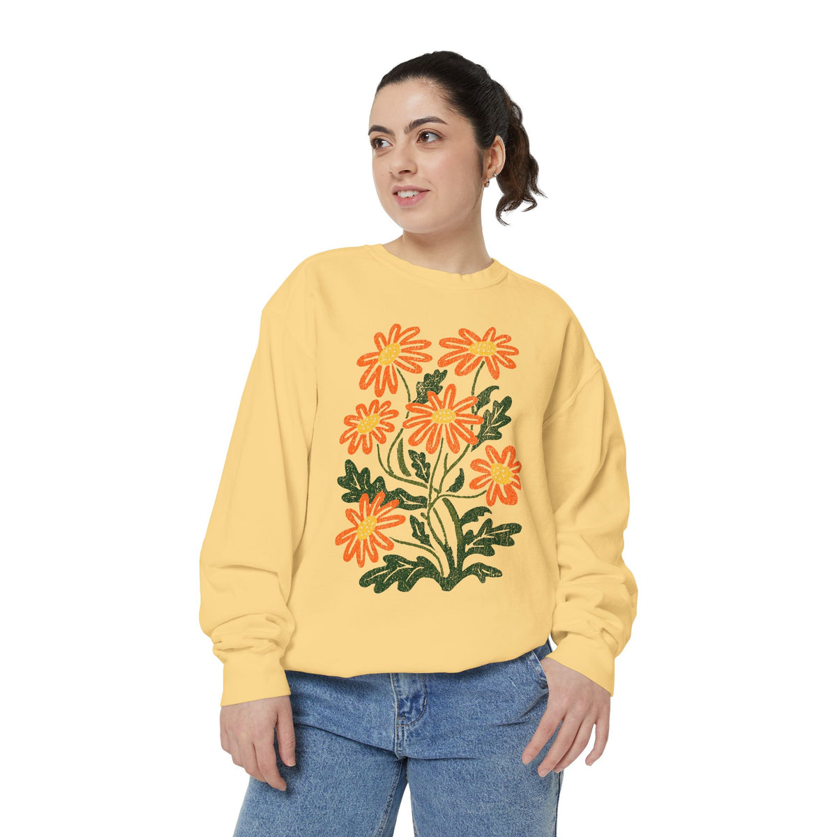 Orange Daisy Graphic Sweatshirt, Retro Floral Pullover for Flower Lovers, Groovy Botanical Top, Cheerful Garden Gift for Women
