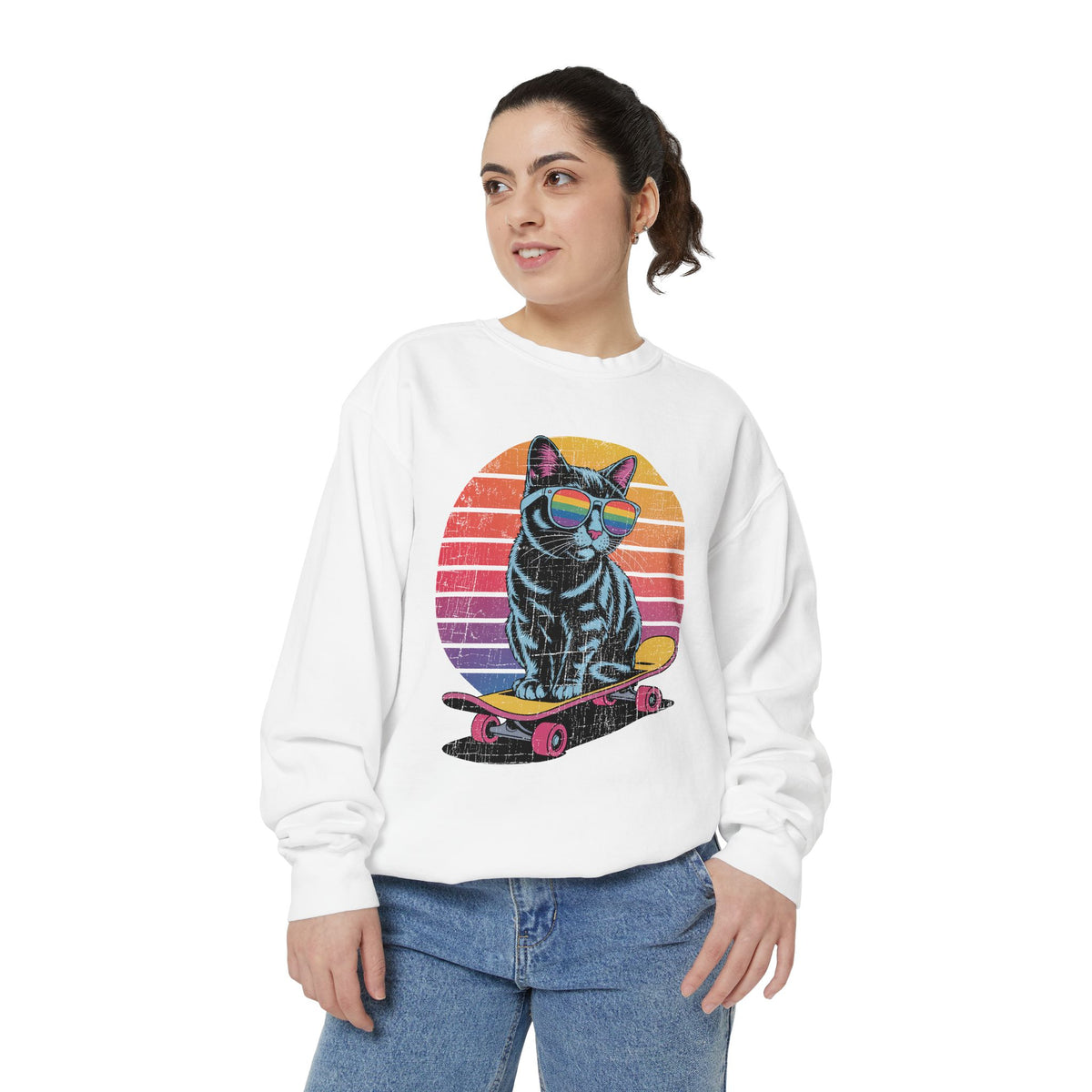 Retro Skateboard Cat Sweatshirt, Rainbow Sunglasses Kitty Crewneck, Funny Cat Lover Gift, Vintage Skater Graphic Cozy Pullover Top