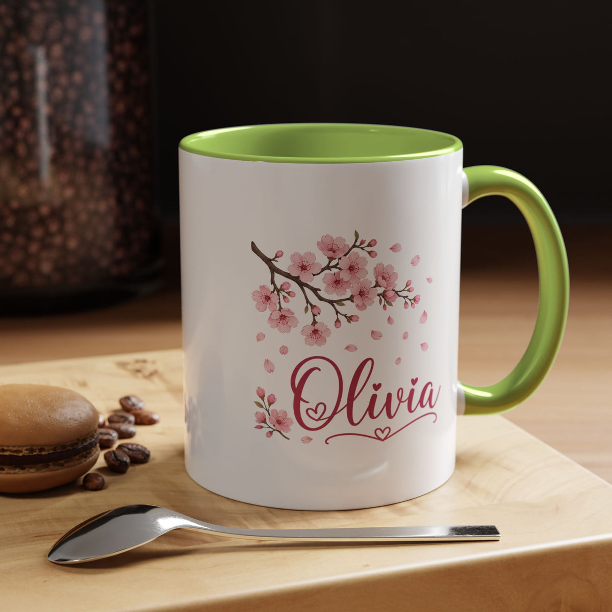 Personalized Name Mug, Pink Cherry Blossom Black Accent Coffee Cup, Custom Name Gift for Her, Girl, Daughter, Birthday or Nursery Keepsake