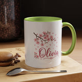 Personalized Name Mug, Pink Cherry Blossom Black Accent Coffee Cup, Custom Name Gift for Her, Girl, Daughter, Birthday or Nursery Keepsake