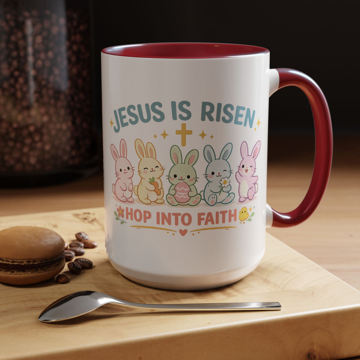 Christian Easter Bunny Mug, Jesus Is Risen Hop Into Faith Coffee Mug, Faith Based Easter Gift, Religious Spring Mug for Women Kids