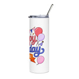 Happy Birthday to You Skinny Tumbler, Pink and Blue Balloons with Party Bunting, Colorful Drinkware Gift for a Sister or Best Friend's Day