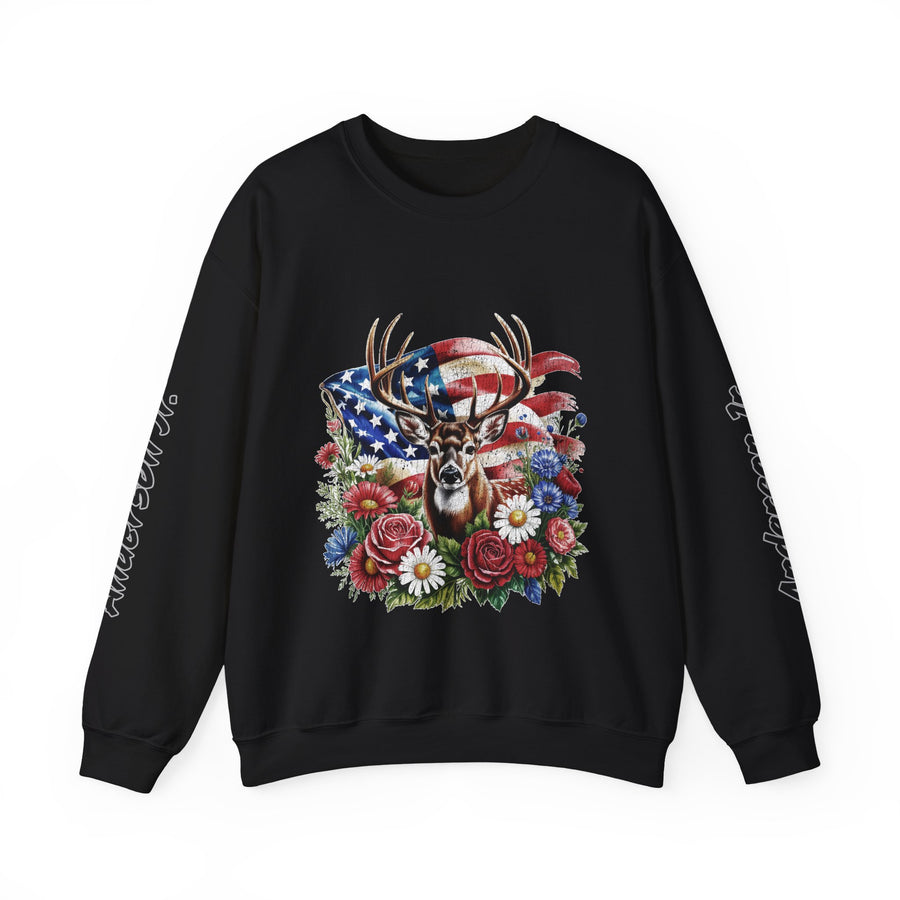 Personalized Hunting Family Sweatshirt, Custom Deer Patriotic Pullover, American Flag Floral Crewneck, Family Gift, Outdoorsman Shirt