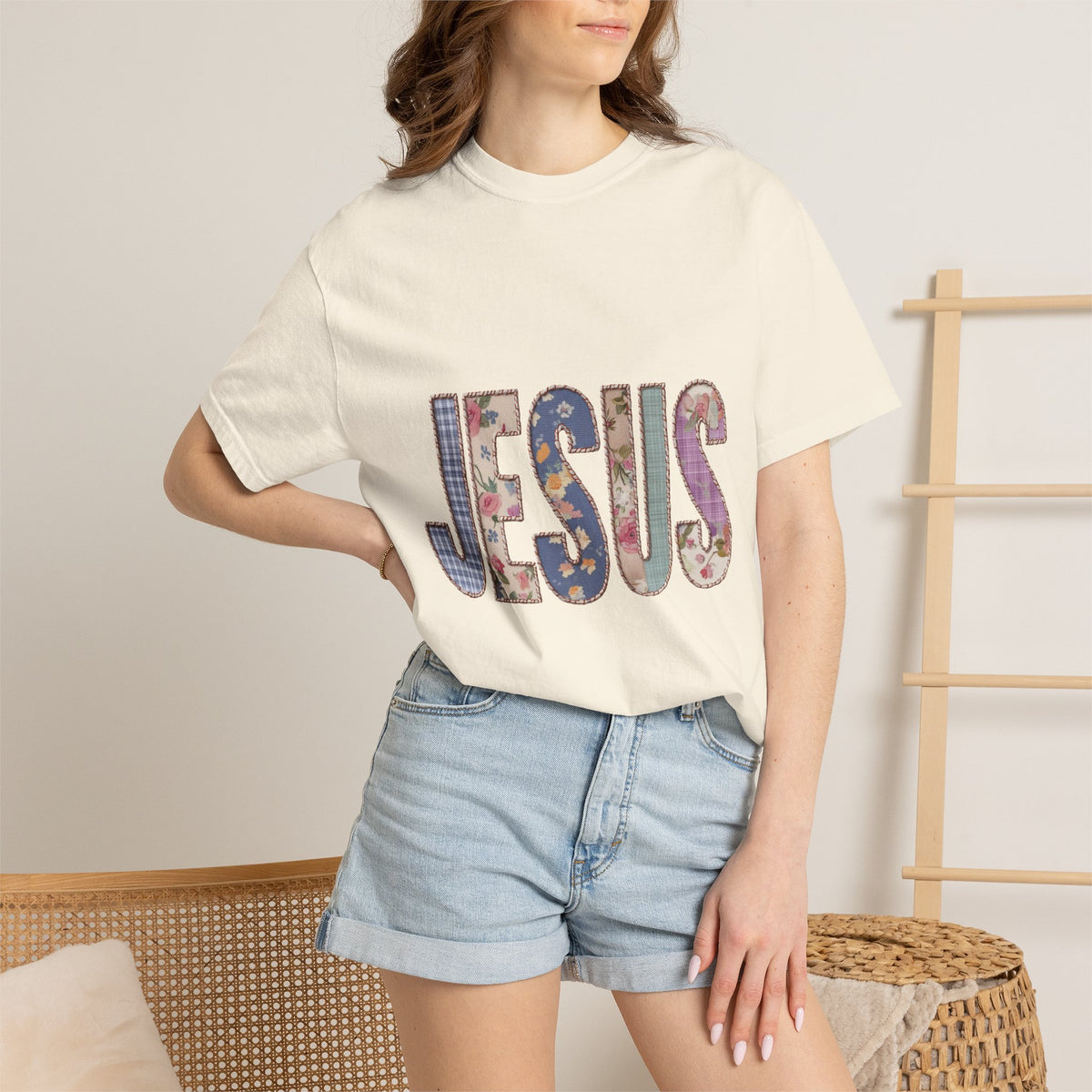 Jesus Patchwork Graphic Tee, Floral Christian Shirt, Cute Faith Based T Shirt, Vintage Coquette Religious Shirt