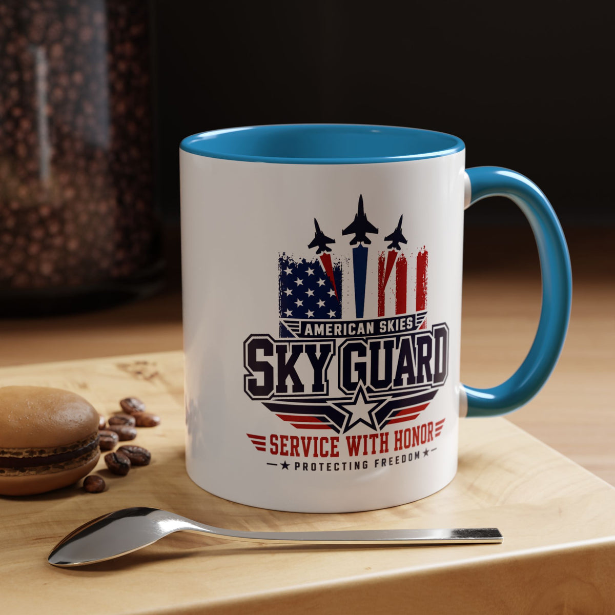Military Aviation Coffee Mug, American Skies Skyguard Cup, Patriotic Fighter Jet Gift for Pilot, Veteran, Airman or Armed Forces Supporter