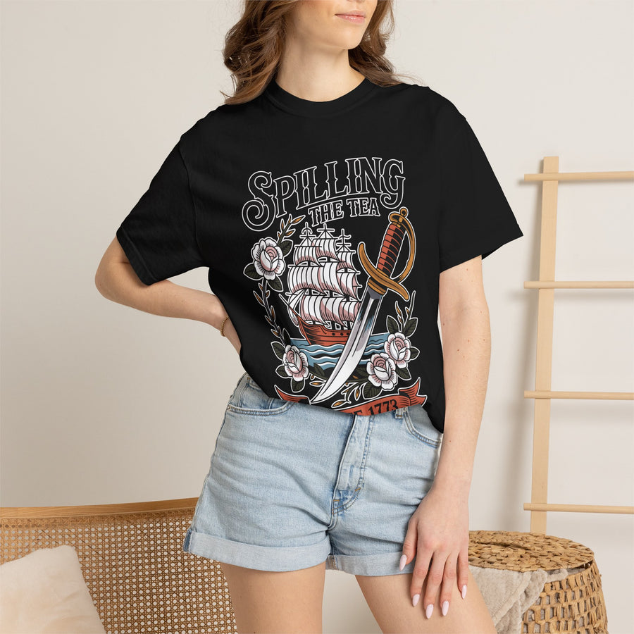 Spilling The Tea Comfort Shirt, Boston Tea Party Graphic Tee, Funny American History Tshirt, Patriotic Vintage Comfort Shirt