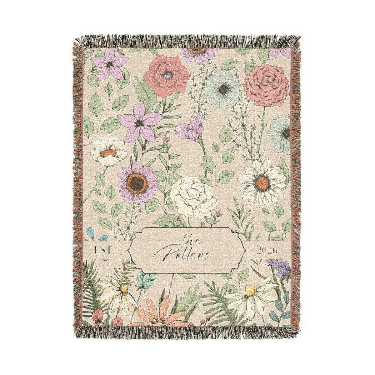 Personalized Family Name Woven Blanket, Custom Floral Throw Blanket, Botanical Housewarming Gift, Wedding Keepsake, Est Date Gift