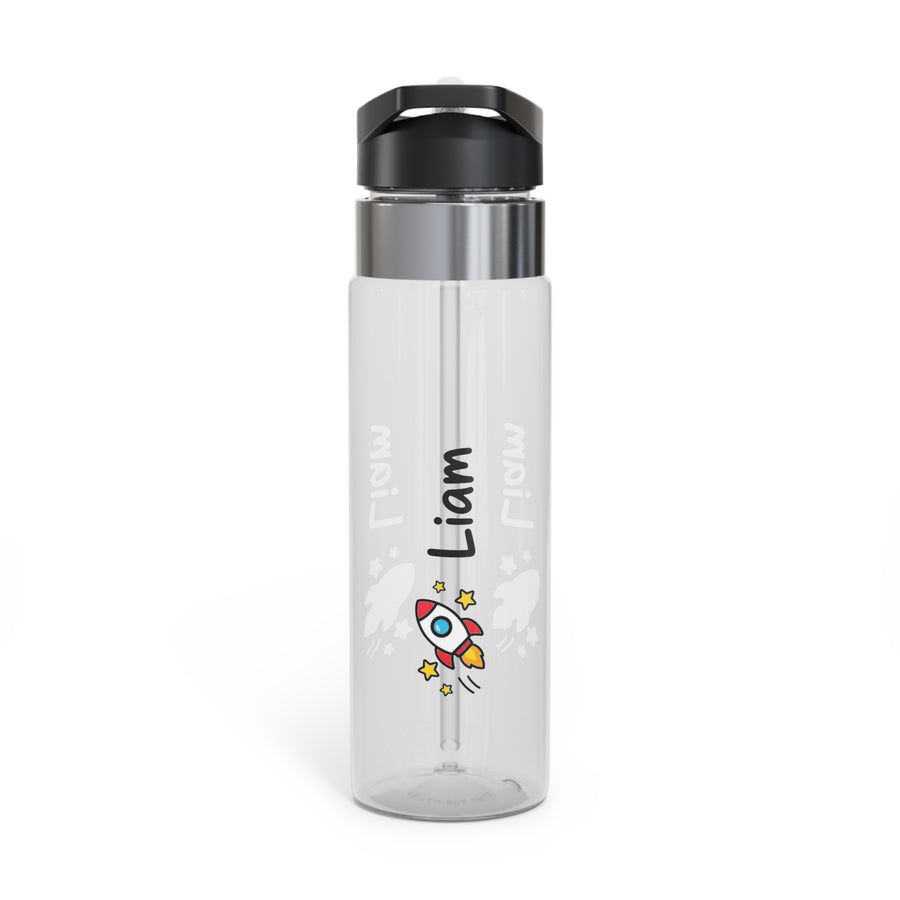 A clear water bottle with a black flip-top lid, stainless band and straw, printed with a red and white cartoon rocket with stars and the sample name "Liam" in black lettering.