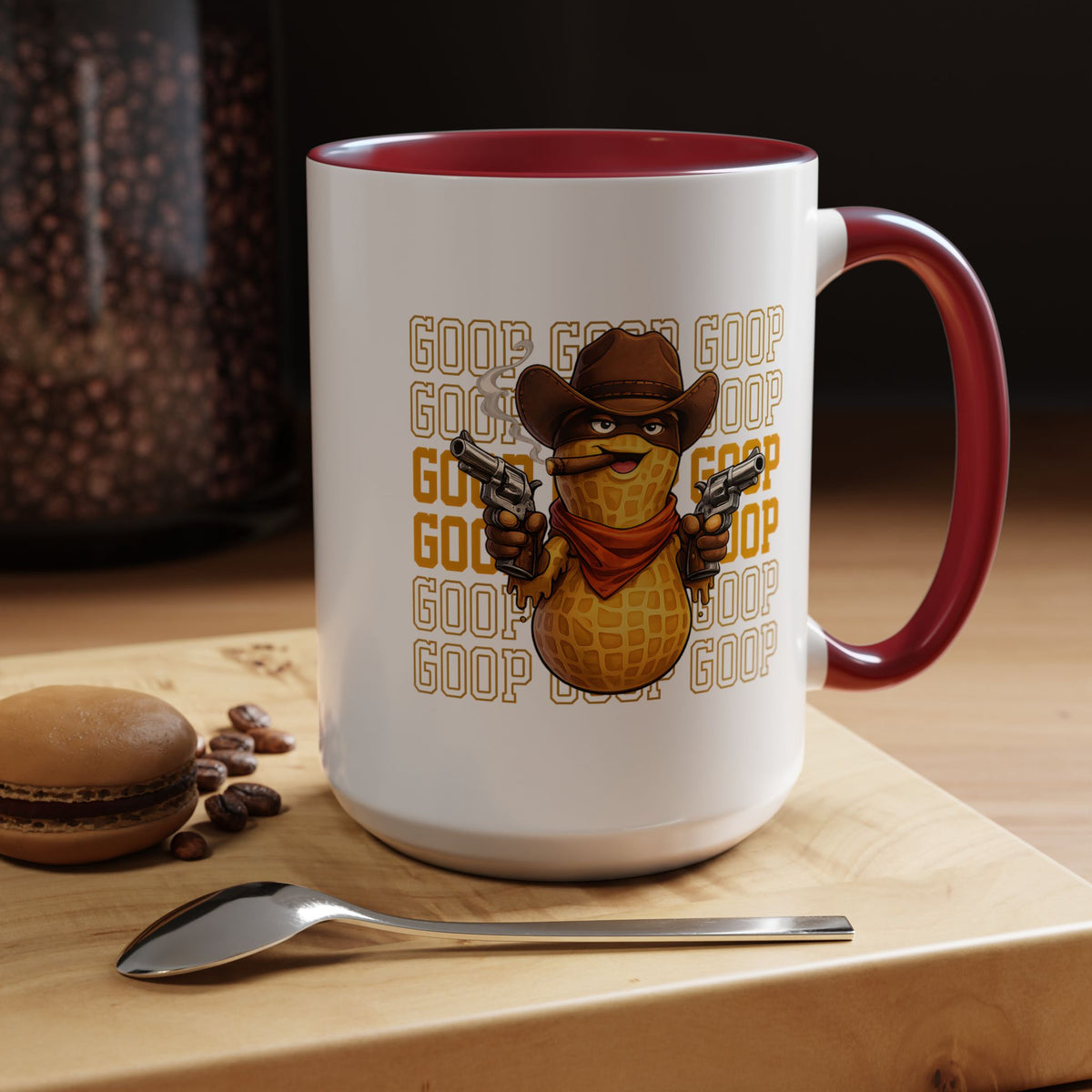 Good Repeating Slogan Cowboy Peanut Mug, Funny Western Office Joke Gift for Coworkers, Sarcastic Outlaw Ceramic Tea Cup with Dark Blue Handle