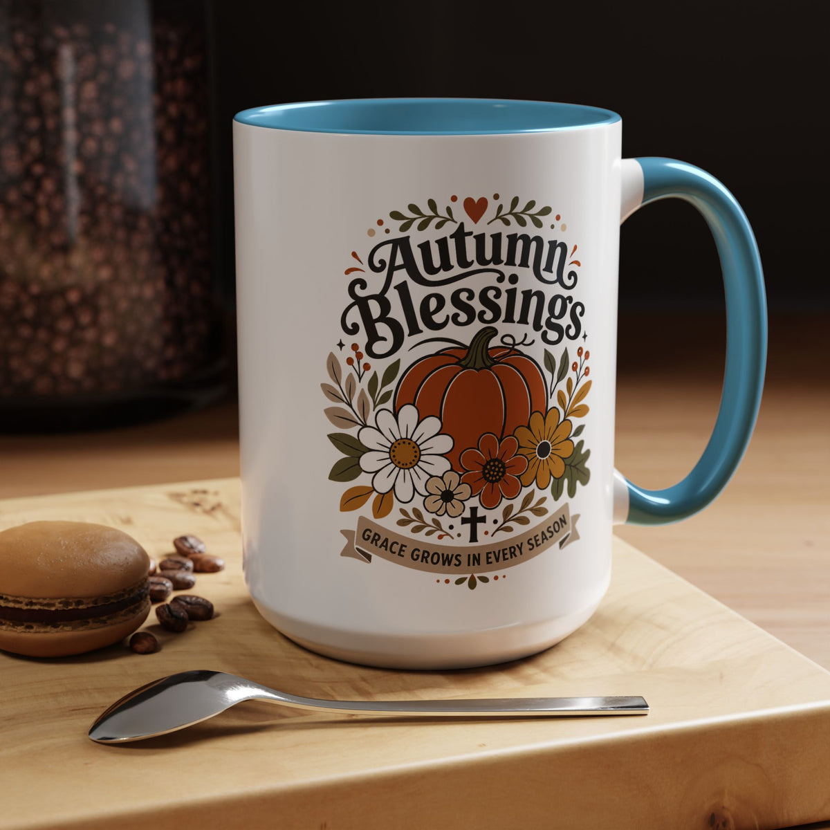 Autumn Blessings Christian Mug, Grace Grows in Every Season Coffee Cup, Faith Based Fall Gift, Floral Pumpkin Thanksgiving Decor