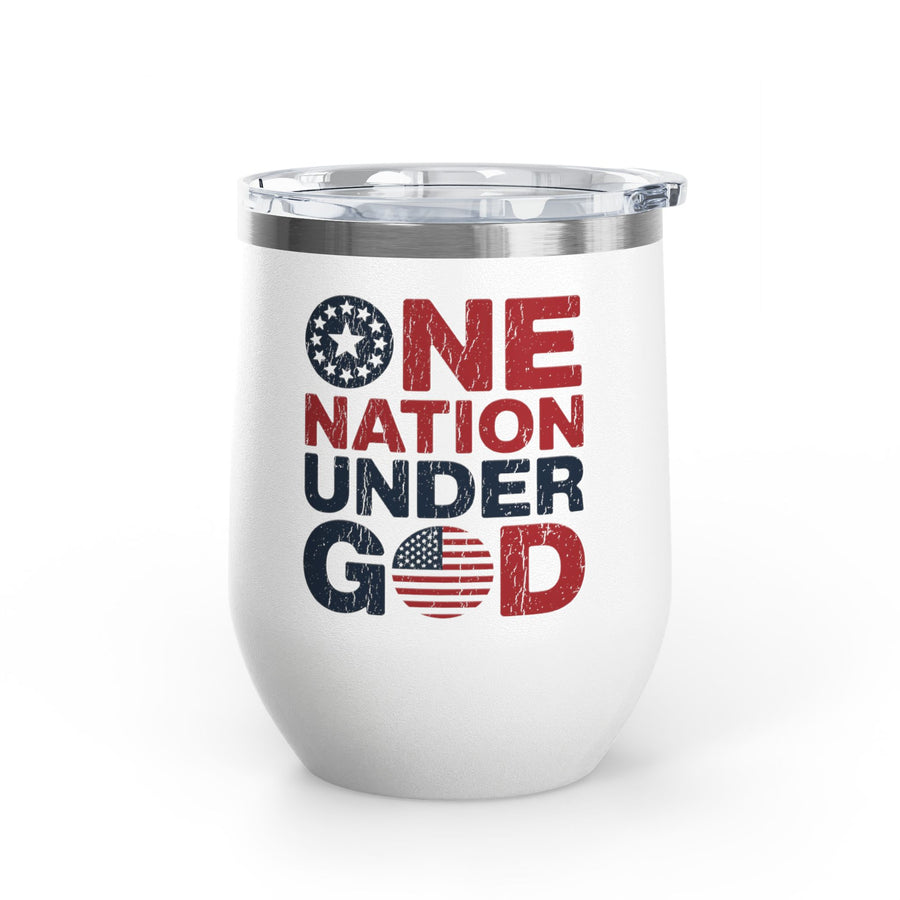 A white stainless steel stemless wine tumbler with a clear push-on lid, printed with "ONE NATION UNDER GOD" in distressed red and navy lettering with a star circle and an American flag in the O.
