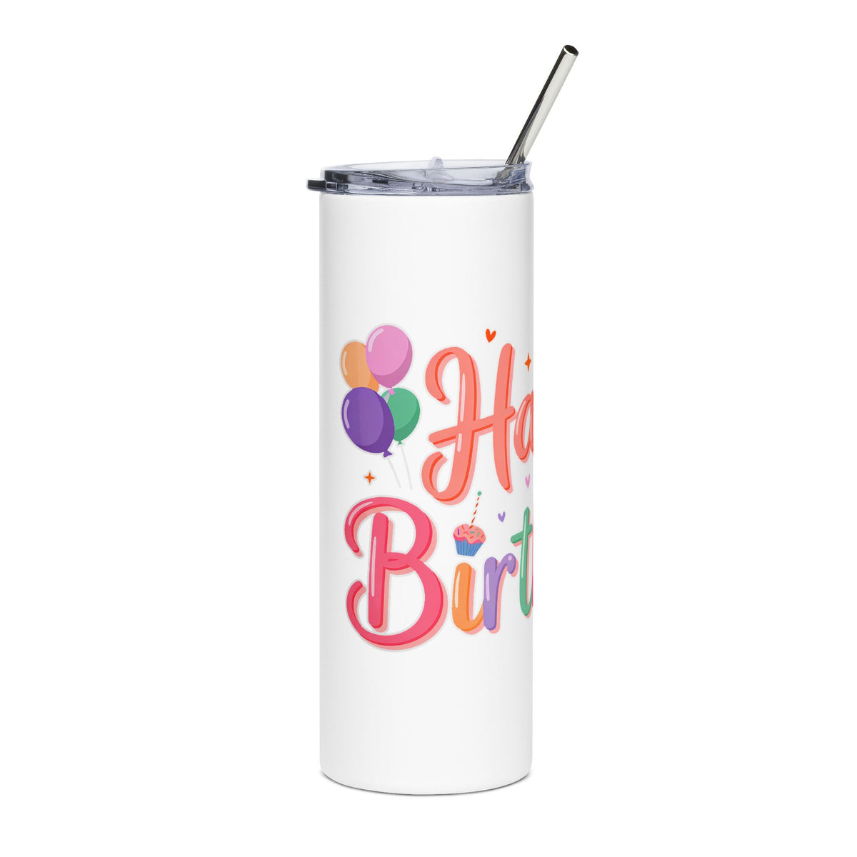 Happy Birthday Skinny Tumbler, Pastel Balloons and Cupcake Design, Colorful Drinkware Gift for a Best Friend, Sister or Coworker Celebration