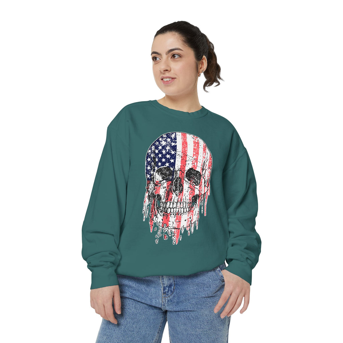 American Flag Skull Sweatshirt, Distressed Patriotic Graphic for Biker Outfits, Fourth of July Style, Birthday Gift for Skull Art Lovers