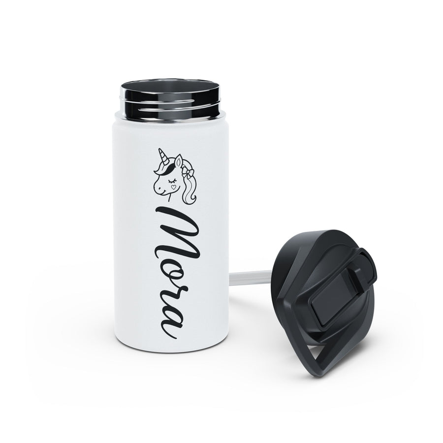 White water bottle with a black lid, printed with a line-drawn unicorn head with a flowing mane above the name Nora, both in black and reading downwards along the bottle.