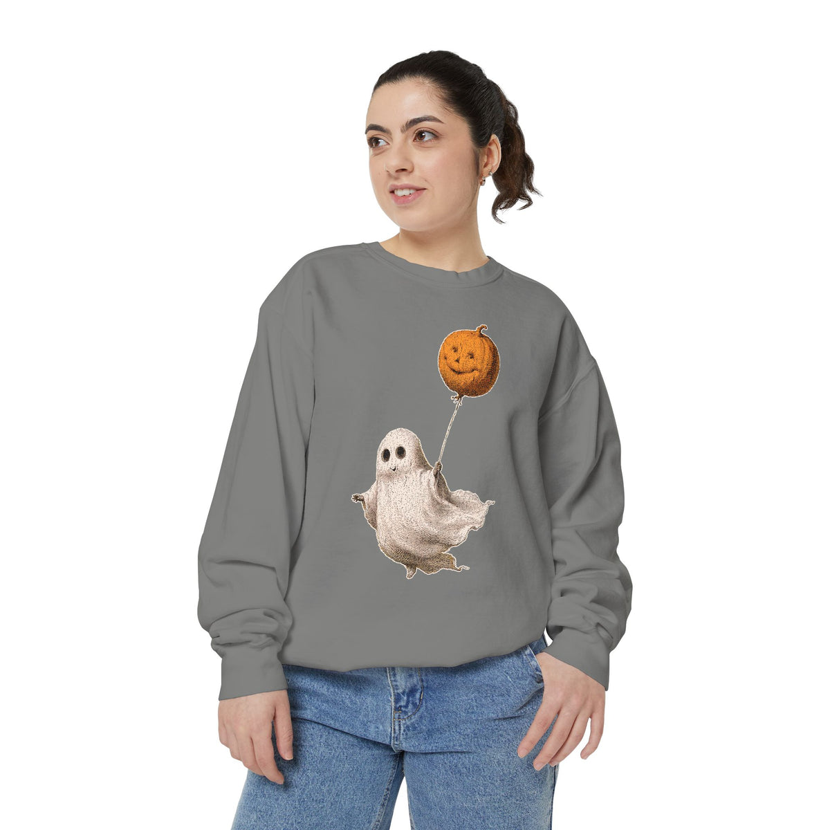 Cute Ghost Halloween Sweatshirt, Pumpkin Balloon Pullover, Vintage Spooky Season Gift for Women, Cozy October Fall Outfit for Ghost Loversv