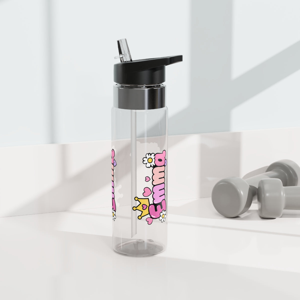 Custom Pink Name Water Bottle for Girls, Personalized Kids Drink Bottle, Cute Crown and Heart Design, School Birthday Gift