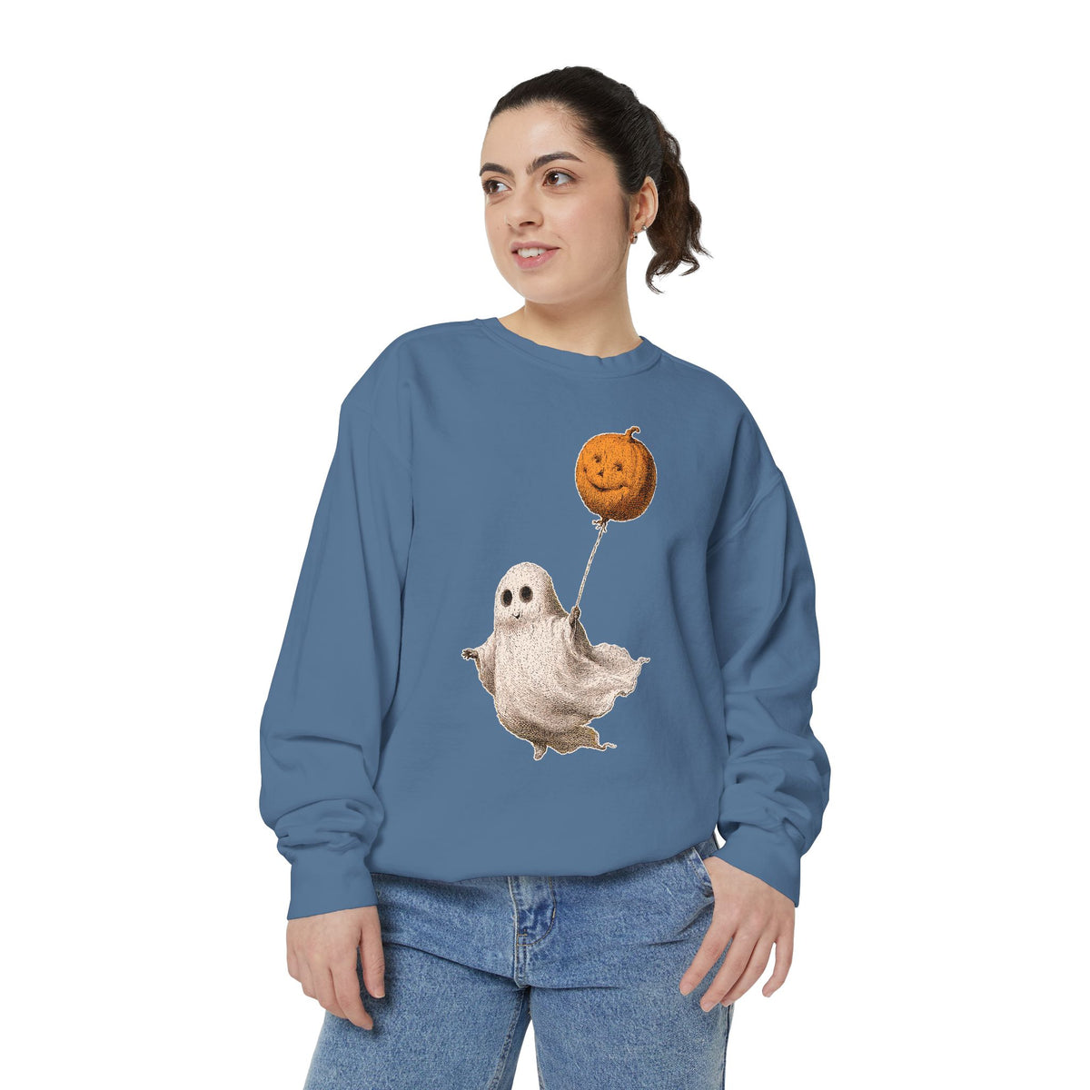 Cute Ghost Halloween Sweatshirt, Pumpkin Balloon Pullover, Vintage Spooky Season Gift for Women, Cozy October Fall Outfit for Ghost Loversv